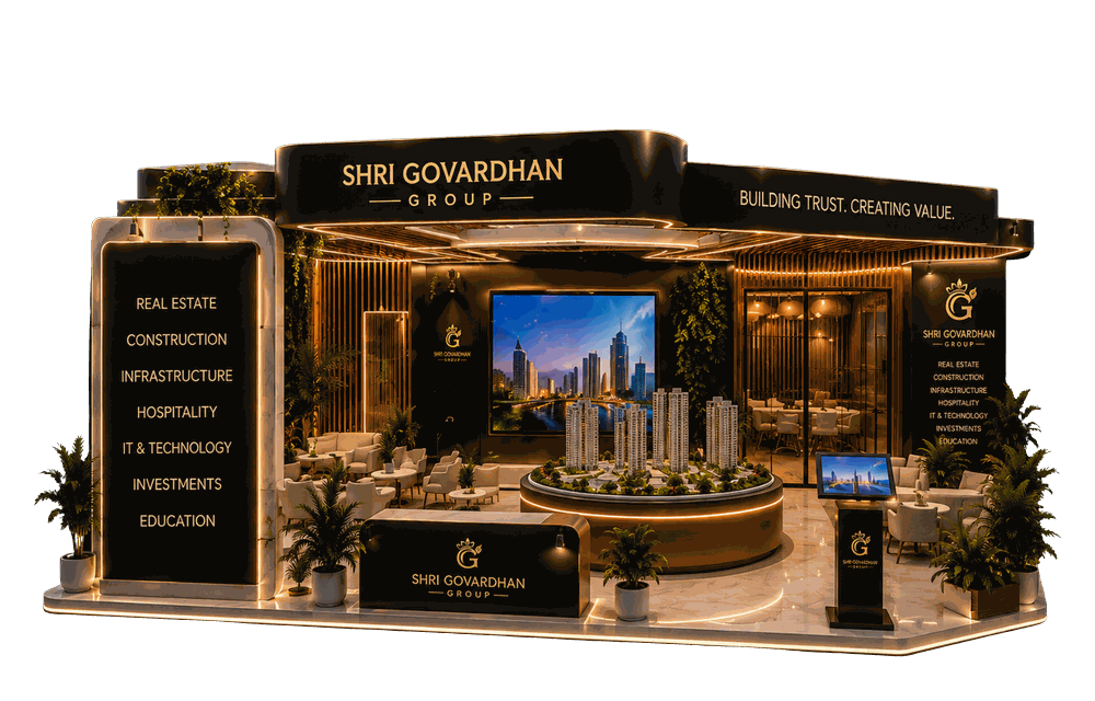 Shri Govardhan Group exhibition stand, built by G-BIT Designs — front view