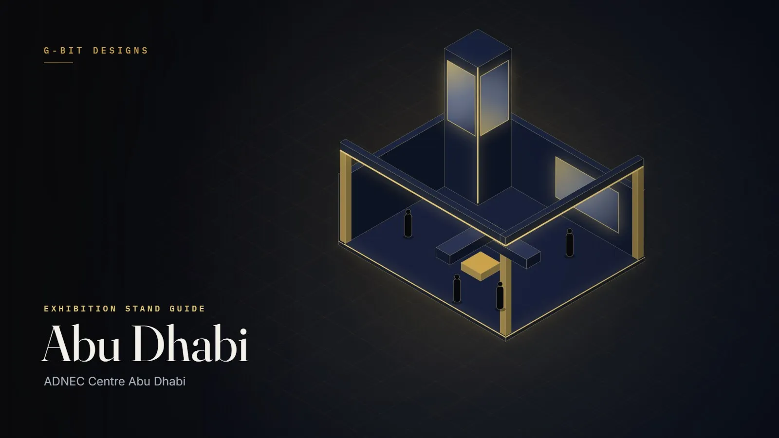 Illustration of an exhibition pavilion with tall LED tower and majlis seating for ADNEC Abu Dhabi