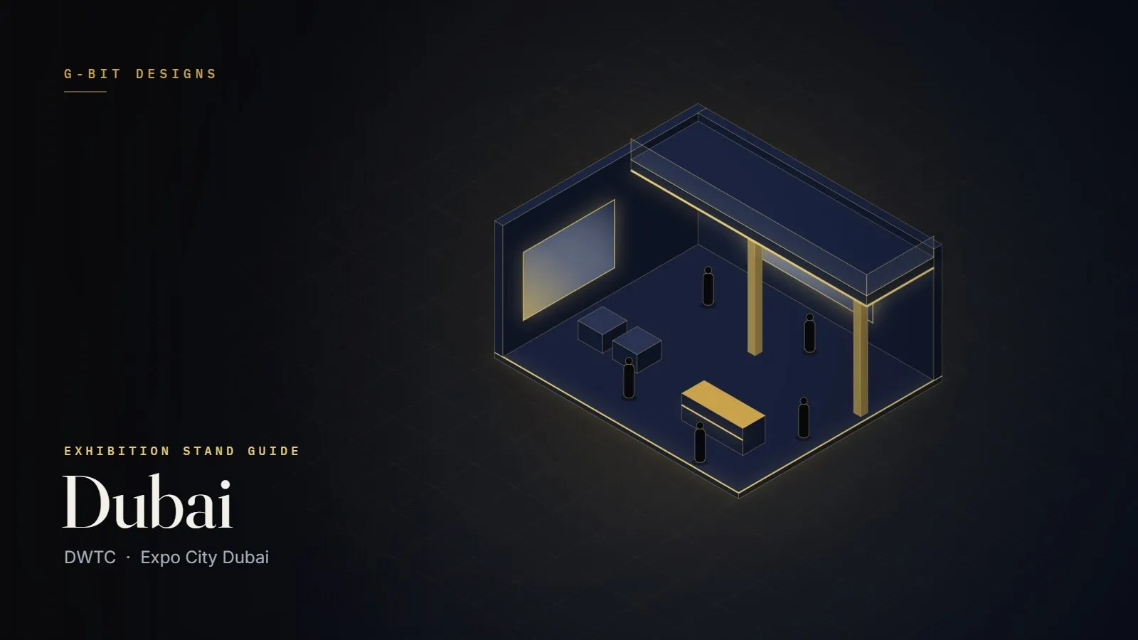 Illustration of a double-deck exhibition stand in Dubai with LED screens and gold lighting