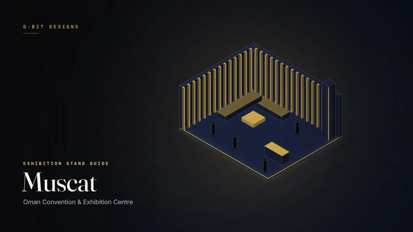 Illustration of a hospitality exhibition stand with slatted gold walls and majlis seating in Muscat