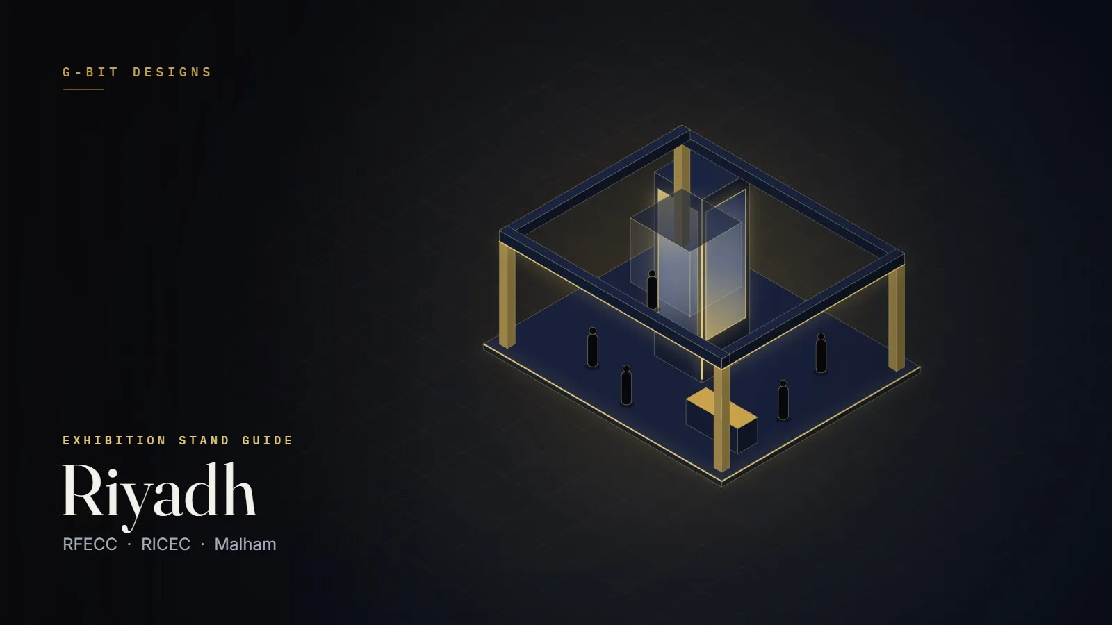 Illustration of an island exhibition stand with central LED totem for Riyadh trade shows