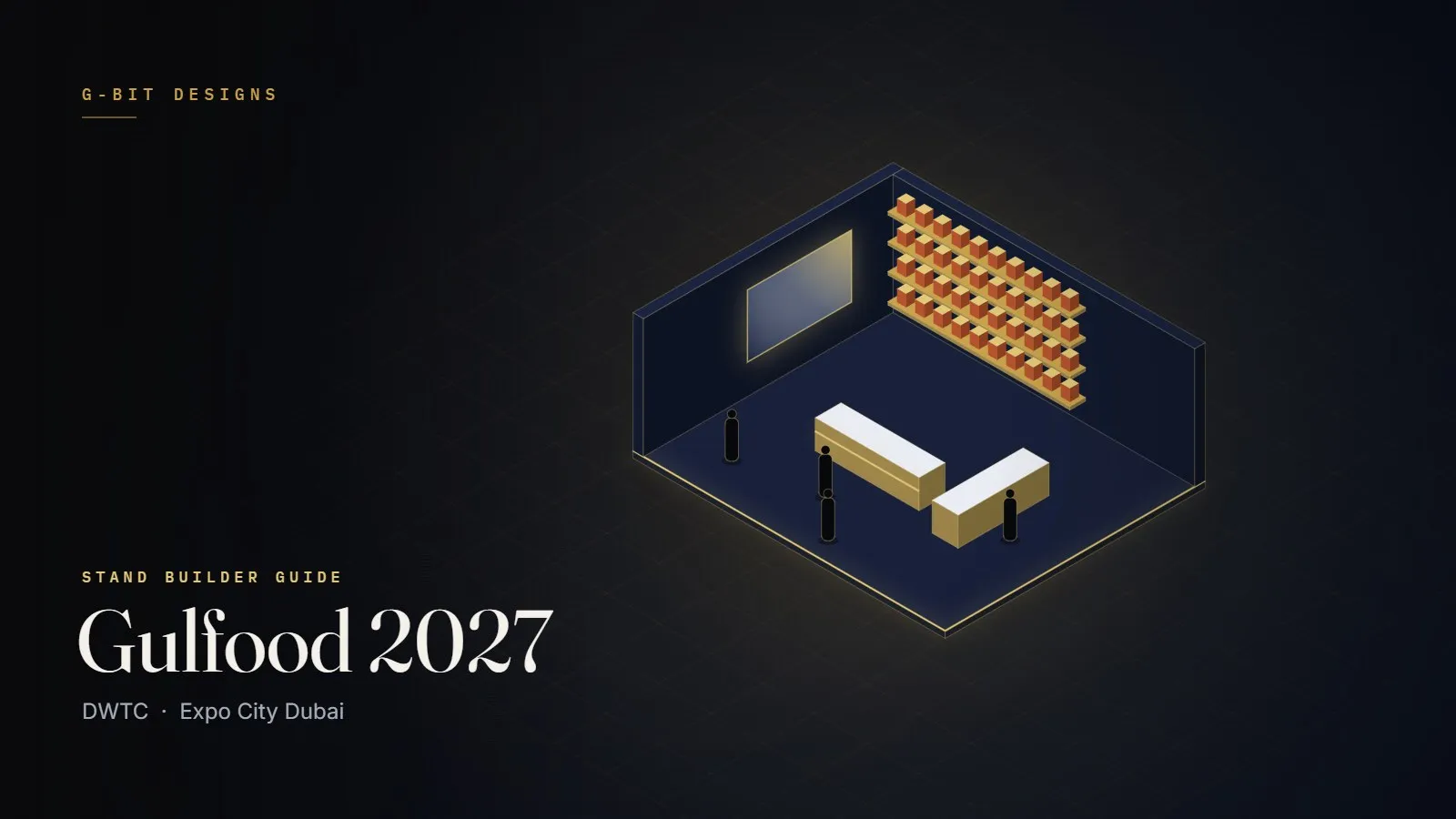 Illustration of a food and beverage exhibition stand with product shelves and tasting counters for Gulfood