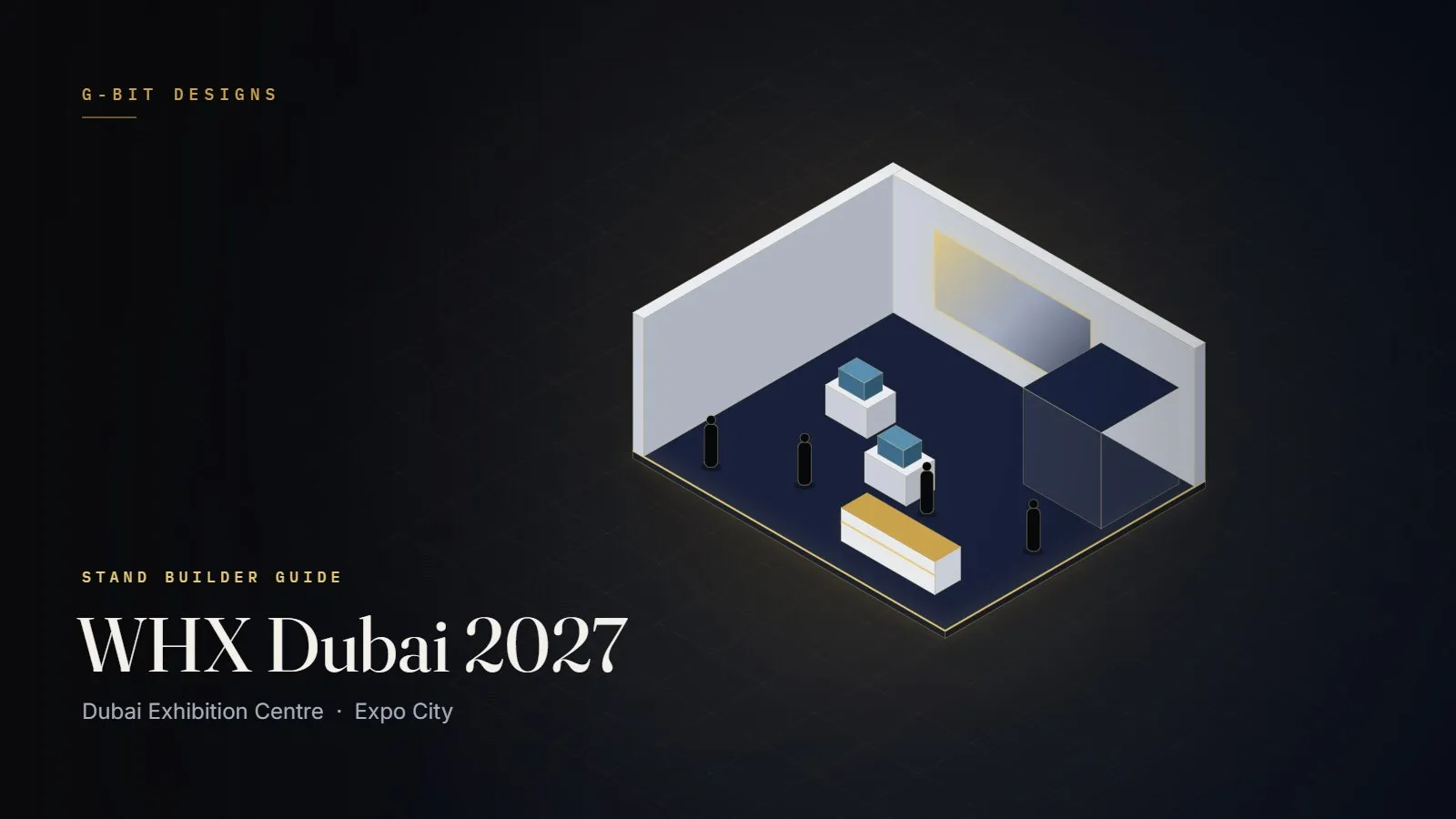 Illustration of a healthcare exhibition stand with demo pods and LED screen for WHX Dubai